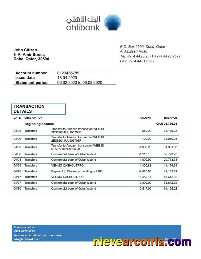 Qatar Ahlibank proof of address bank statement in Word and PDF format, .doc and .pdf  format